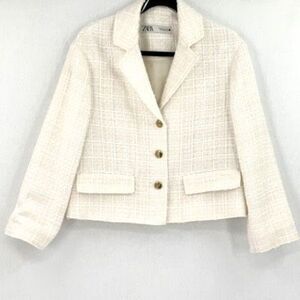 Zara Cream Notched Lapel Collar Single Breasted Tweed Textured Blazer Size XS